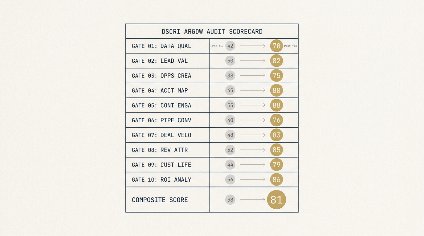 A ten-row audit scorecard on a navy field. Each row is one DSCRI ARGDW gate with a starting score in gray and a post-fix score in gold. Five rows show meaningful score jumps; four show modest improvements; one (Authority) stays flat as a long-term project. A composite score at the bottom moves from 58 to 81.