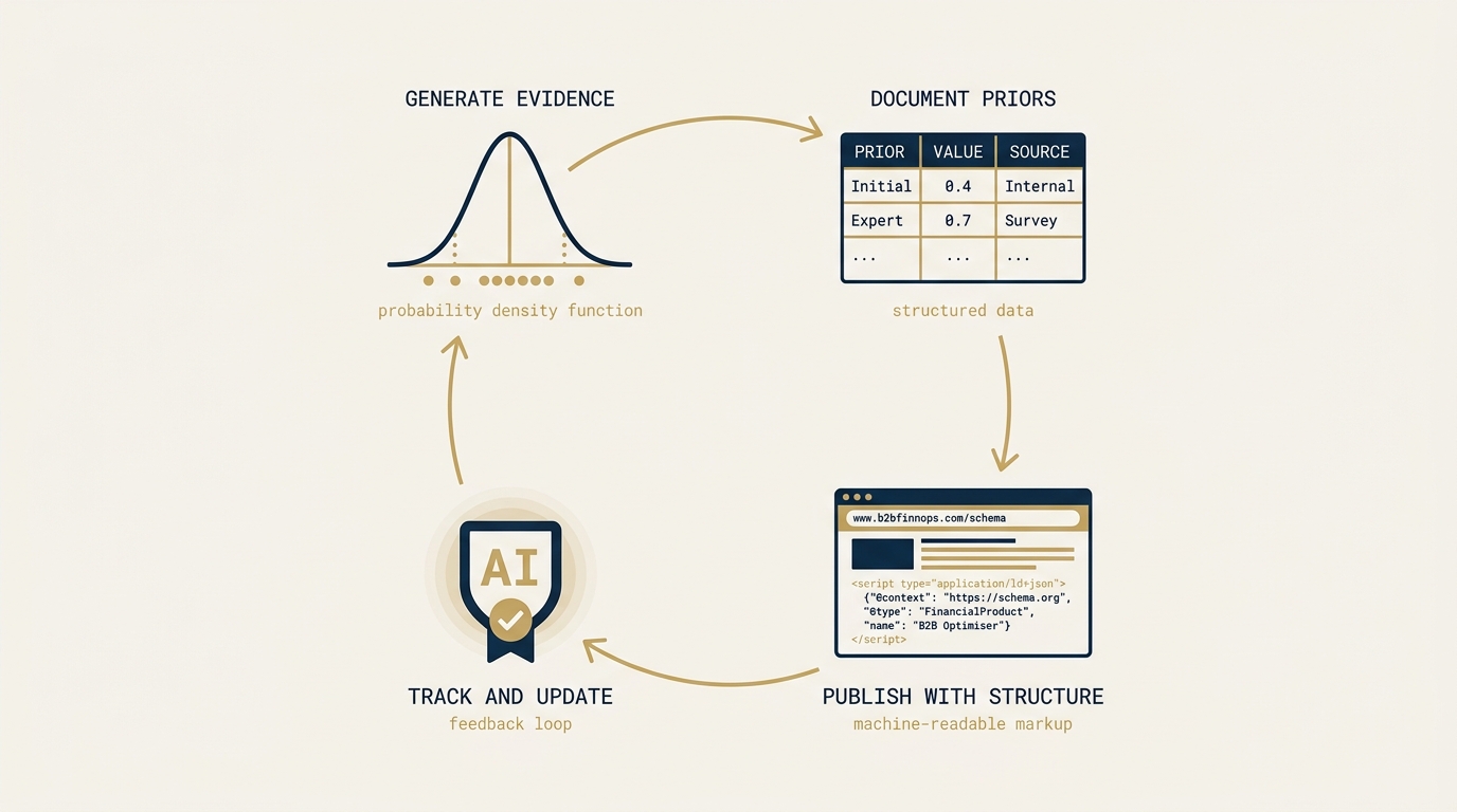 A four-stage process flow on a navy field. Stage one is a Bayesian distribution curve labeled generate evidence. Stage two is a documentation table labeled document priors. Stage three is a webpage with schema markers labeled publish with structure. Stage four is an AI citation badge feeding back into stage one labeled track and update. The four stages form a closed loop in gold; small monospace tags identify each stage and the AAO gates it serves.