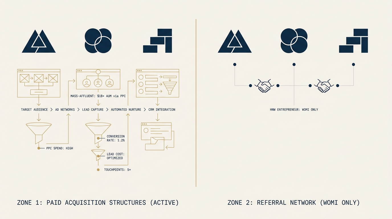 A horizontal editorial composition divided into two zones by a thin vertical gold rule. The left zone shows three abstract geometric brand-mark placeholders in navy above detailed paid-acquisition workflow diagrams rendered in gold, labeled "Zone 1: Paid Acquisition Structures (Active)". The right zone shows similar abstract brand-mark placeholders with only minimal handshake-suggesting introduction nodes beneath them in navy, labeled "Zone 2: Referral Network (WOMI Only)".