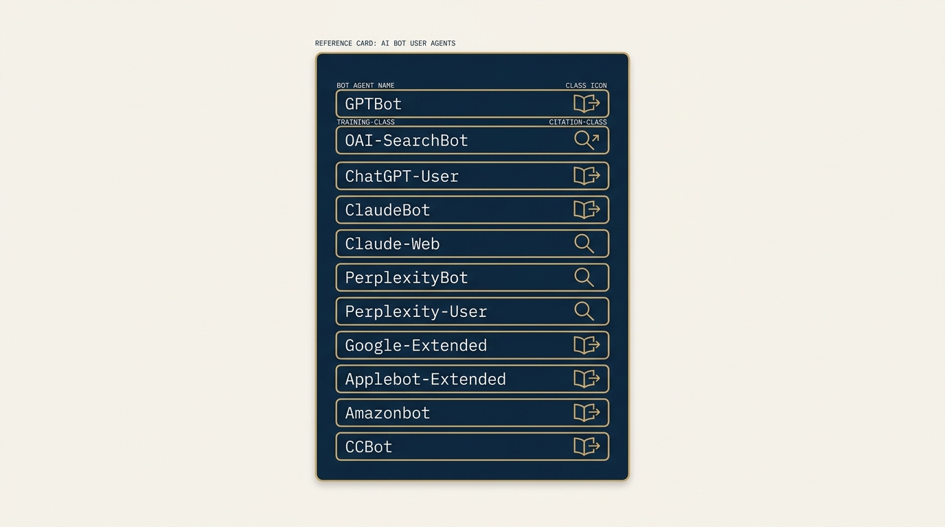 A reference card on a navy field listing eleven AI bot user agents. Each entry is a gold-bordered row with the bot name in monospace, an icon representing whether it is training-class or citation-class, and a small note about its parent engine. The visual is purpose-built as a quick-reference table for robots.txt configuration.