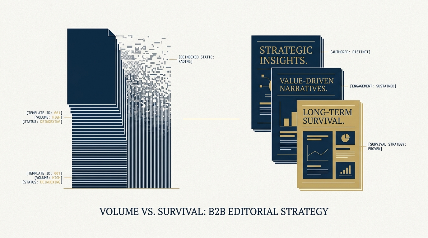 An editorial composition showing a tall stack of identical templated documents on the left fading into deindexed grey static, while a smaller stack of distinct authored articles on the right stands fully rendered in confident navy and gold. The visual argument is volume versus survival.