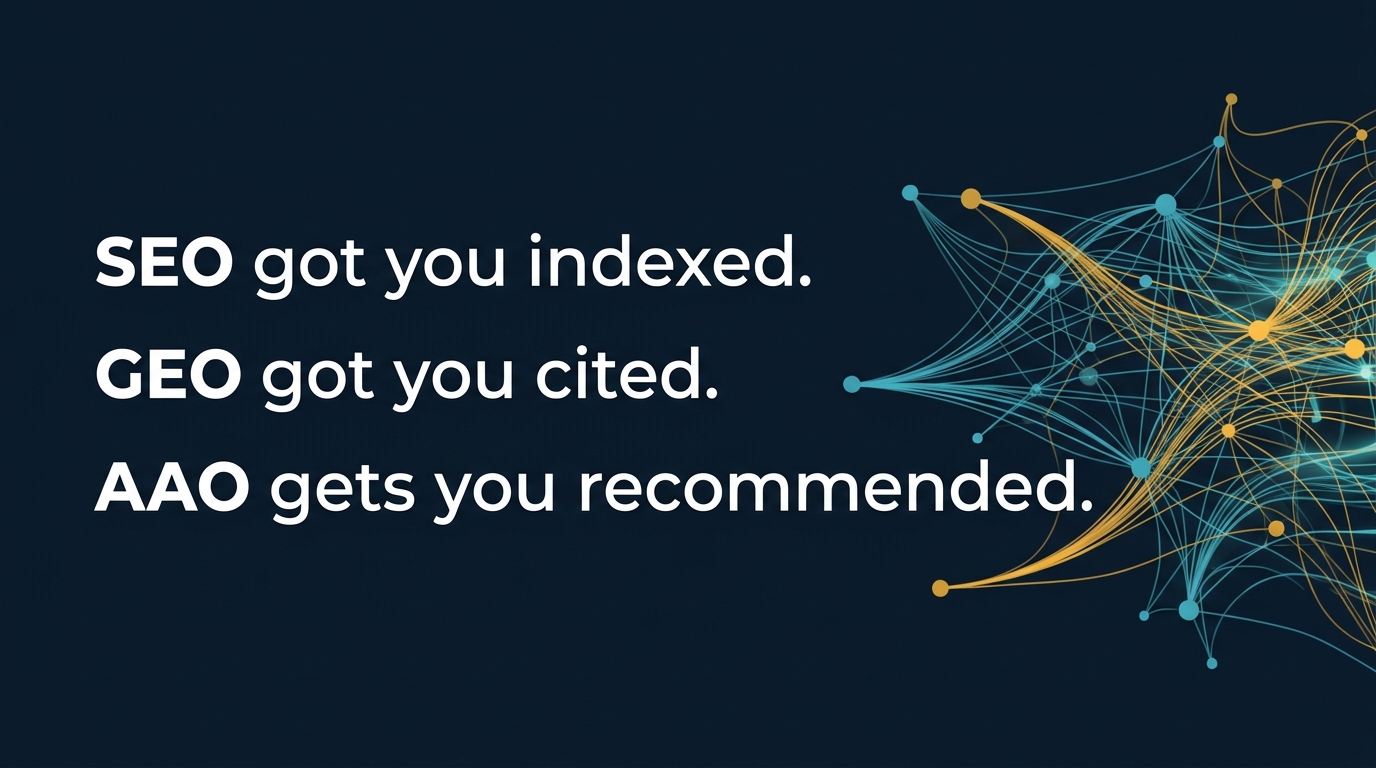Bold typographic graphic showing SEO got you indexed, GEO got you cited, AAO gets you recommended alongside the Bayesian and Priors wordmark