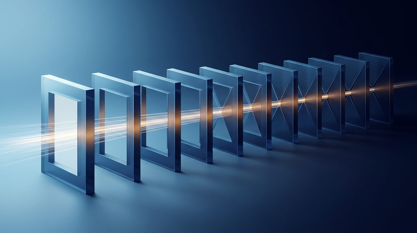Abstract visualization of 10 sequential translucent gates filtering a beam of light from left to right, representing the DSCRI-ARGDW cascading confidence pipeline