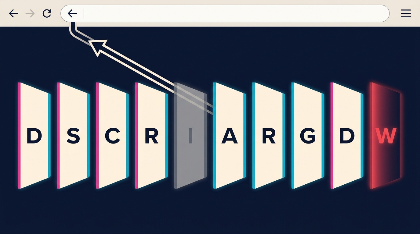 A browser address bar with a back-arrow icon redirecting to a fabricated intermediate page, the path intercepted by ten luminous DSCRI-ARGDW gates with Gate 5 Infrastructure dimmed and Gate 10 Weighted Citability fading to red
