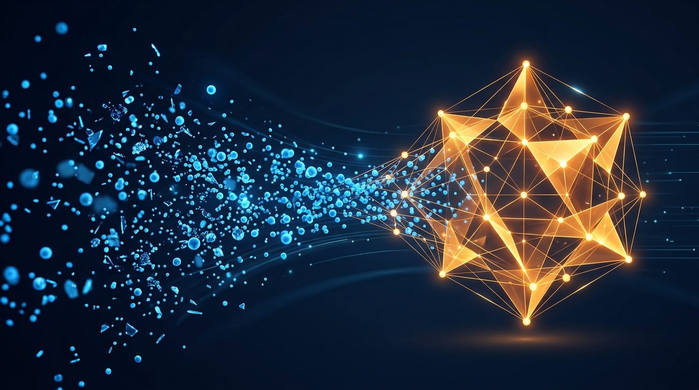 Scattered raw data particles progressively organizing into a refined crystalline structure representing the transformation from behavioral data to intelligence