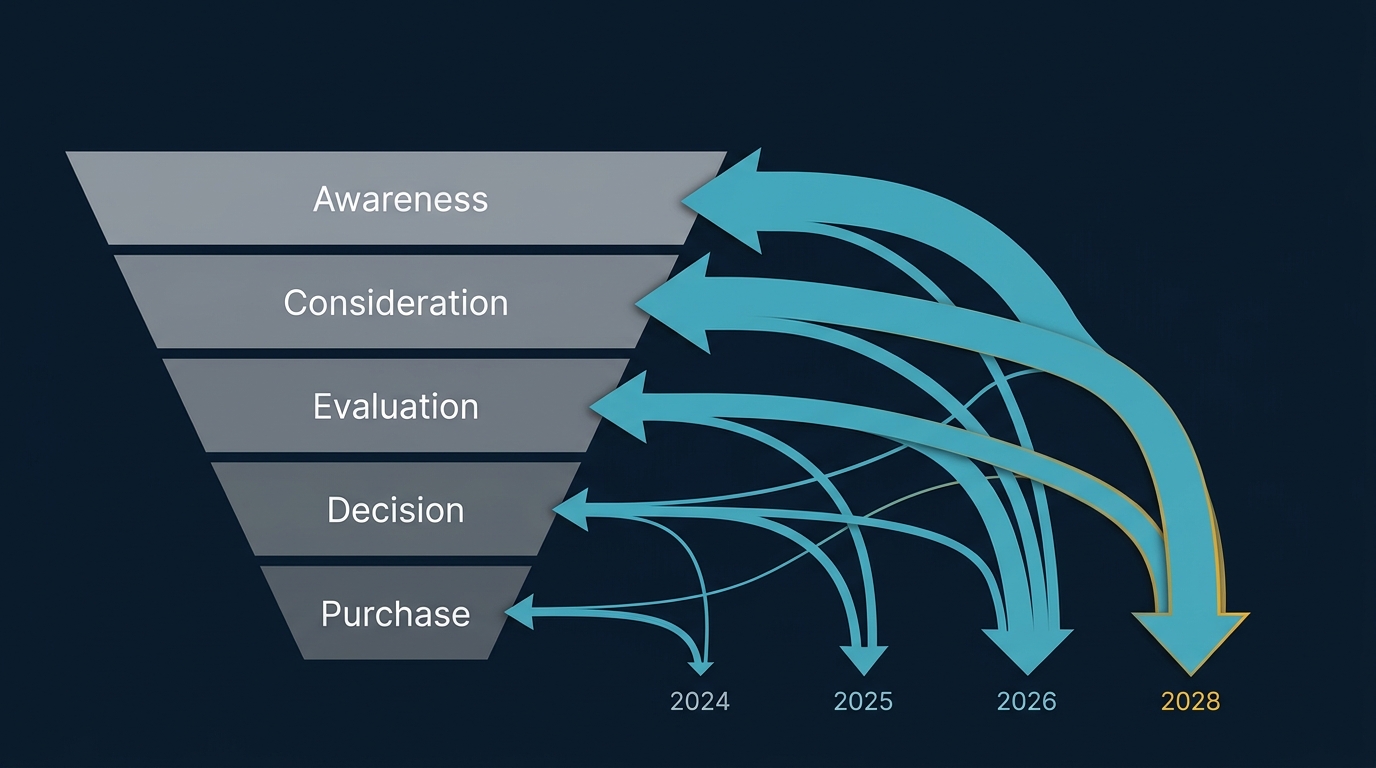 AI agents penetrating deeper into the purchasing funnel year over year, from awareness in 2024 to procurement decisions by 2028