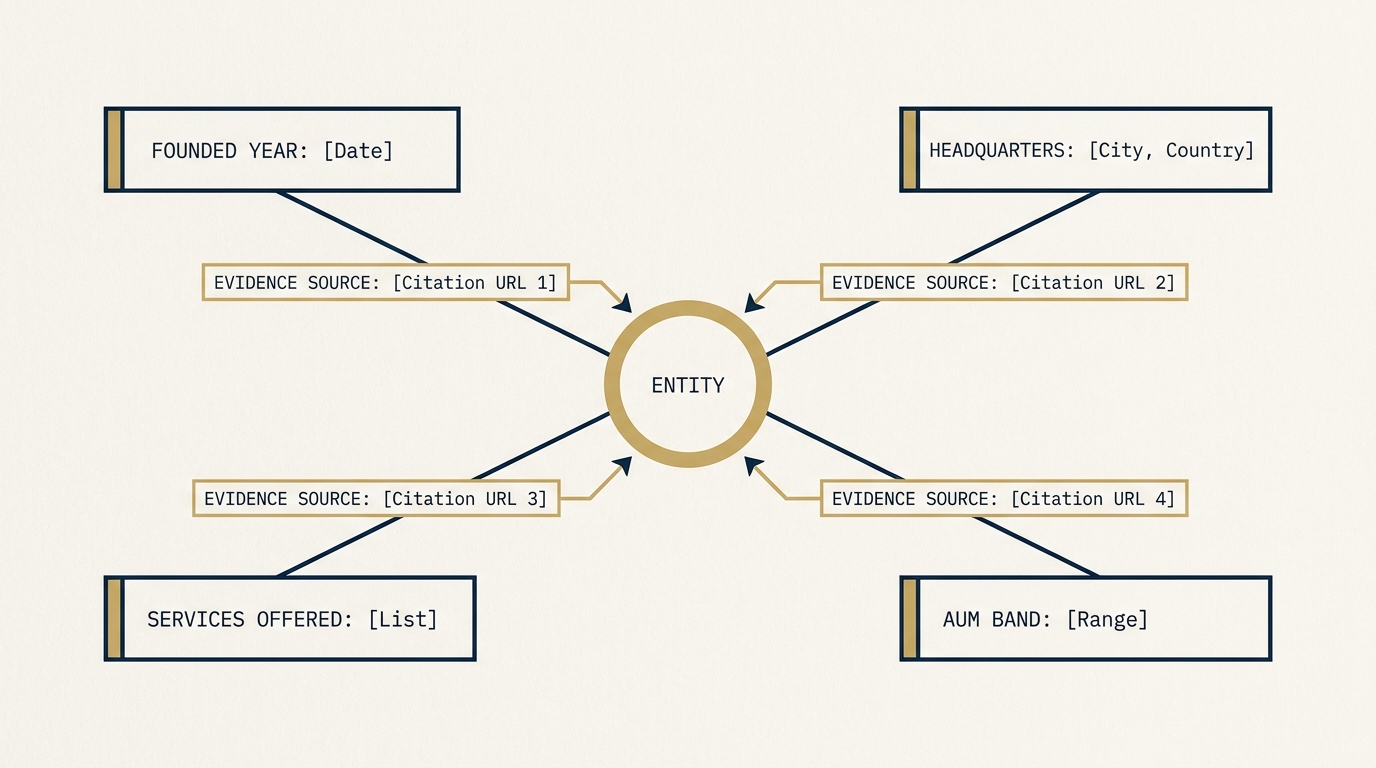 A node-and-edge graph on a navy field. The central node represents an entity in gold. Outer nodes carry attribute claims (founded year, headquarters, services offered, AUM band). Each edge is labeled with a small monospace evidence-source tag pointing to a citation URL. The visual argument is that brand claims compose into a graph LLMs traverse.