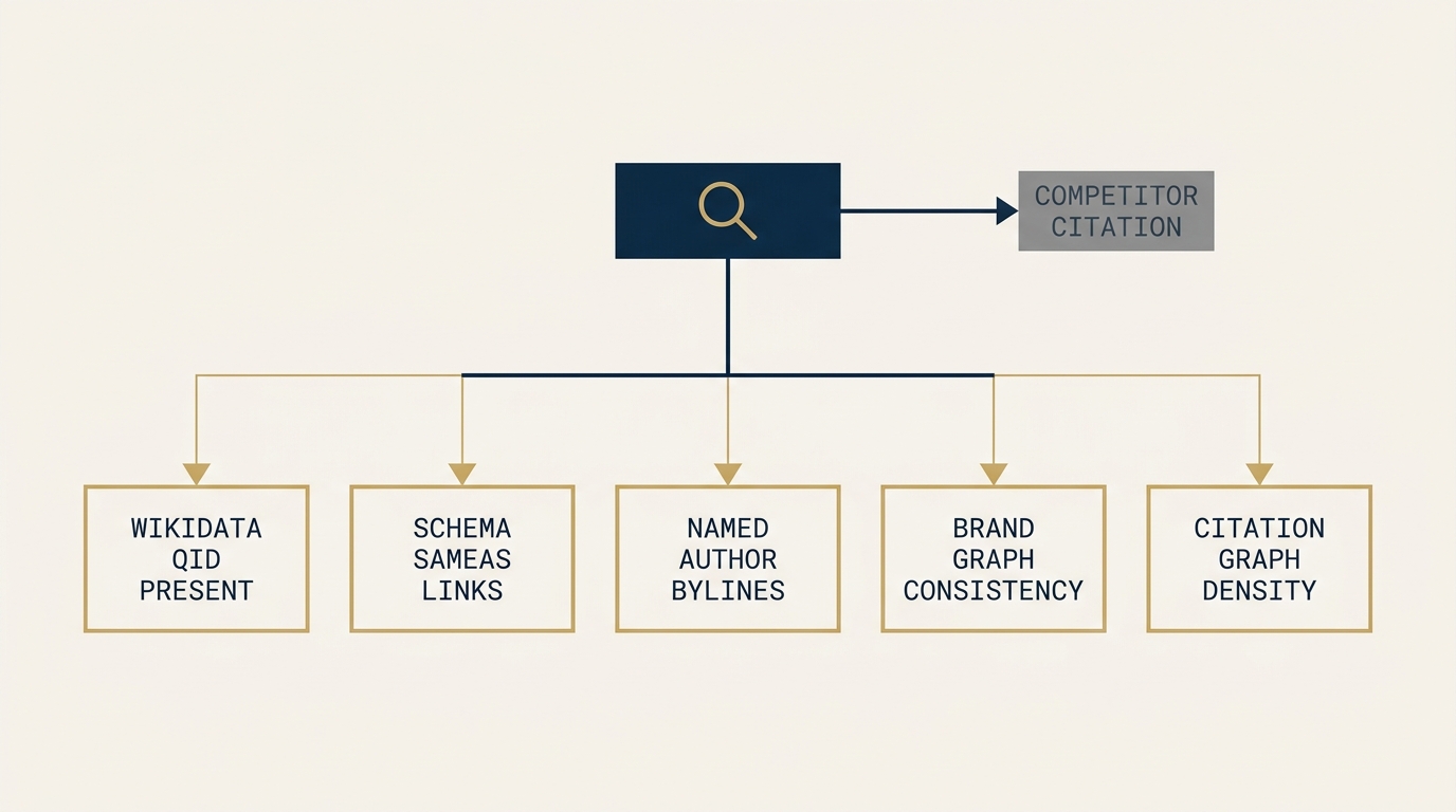 A diagnostic flow on a navy field. The top shows a query producing a competitor citation in muted gray. Five gold diagnostic boxes branch out below: Wikidata QID present, schema sameAs links, named author bylines, brand graph consistency, citation graph density. Each box has a pass-fail indicator and a small monospace fix note.