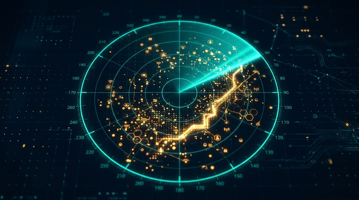 Teal radar scanning beam rotating across a field of amber competitor signal points on a dark intelligence display