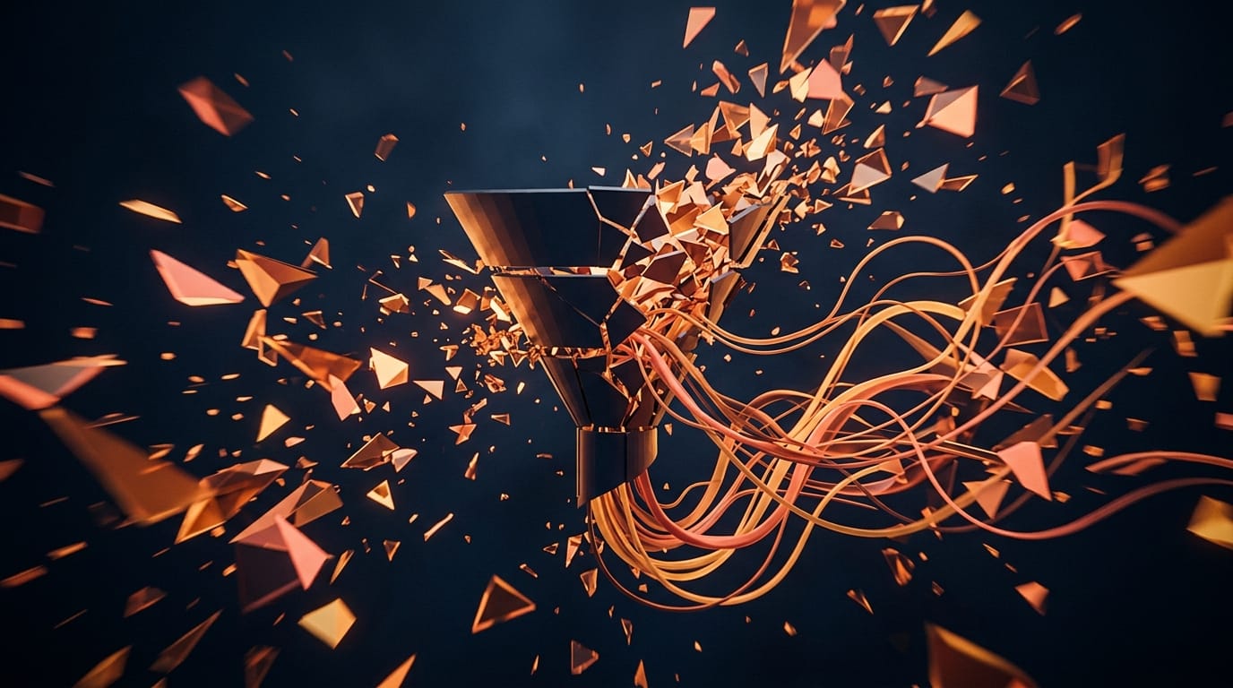 Traditional marketing funnel dissolving into geometric shards with organic flowing curves replacing the rigid structure