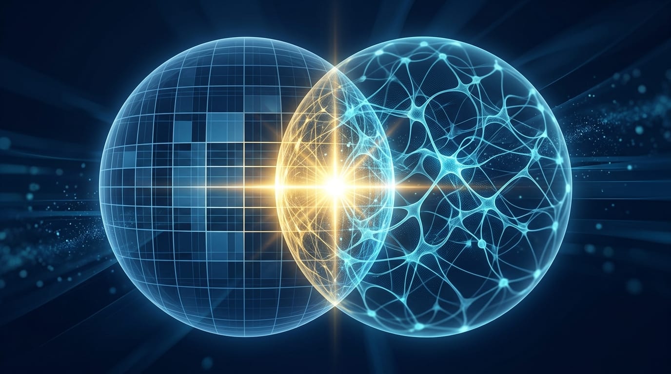 Two overlapping translucent spheres representing traditional search and AI search ecosystems converging with golden light at the intersection