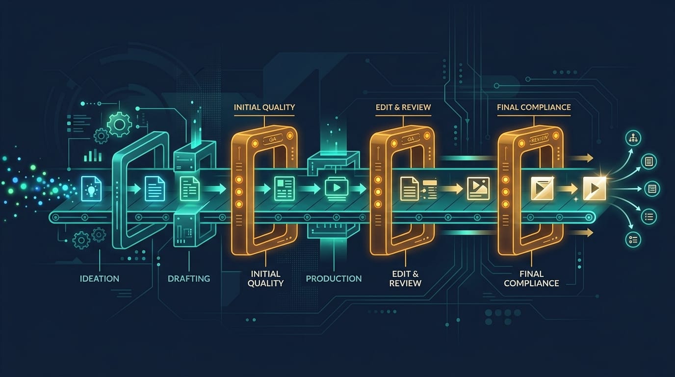 Horizontal content production pipeline with quality gate checkpoints showing content pieces moving through stages from ideation to compliance