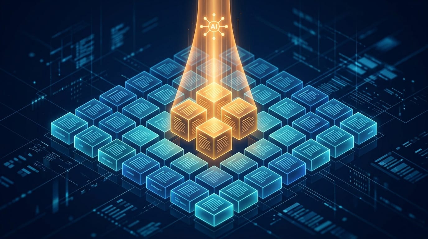 Grid of modular content blocks with select blocks highlighted by an amber extraction beam from above representing AI content selection