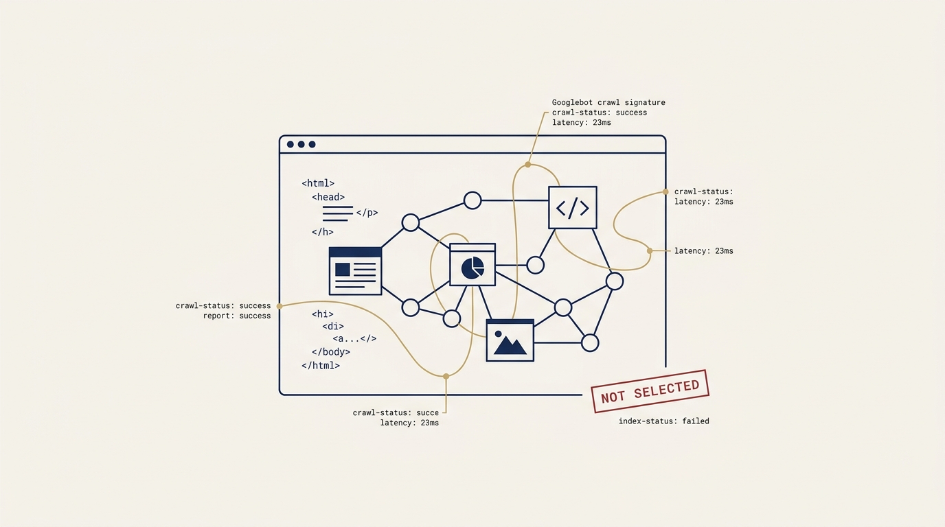 A composition of a translucent web page rendered as JSON-LD entities and HTML markup, with Googlebot's crawl signature traced over it in gold. A red verdict stamp reads "Not Selected" across the lower right corner. The image communicates that the crawl succeeded and the index inclusion failed.