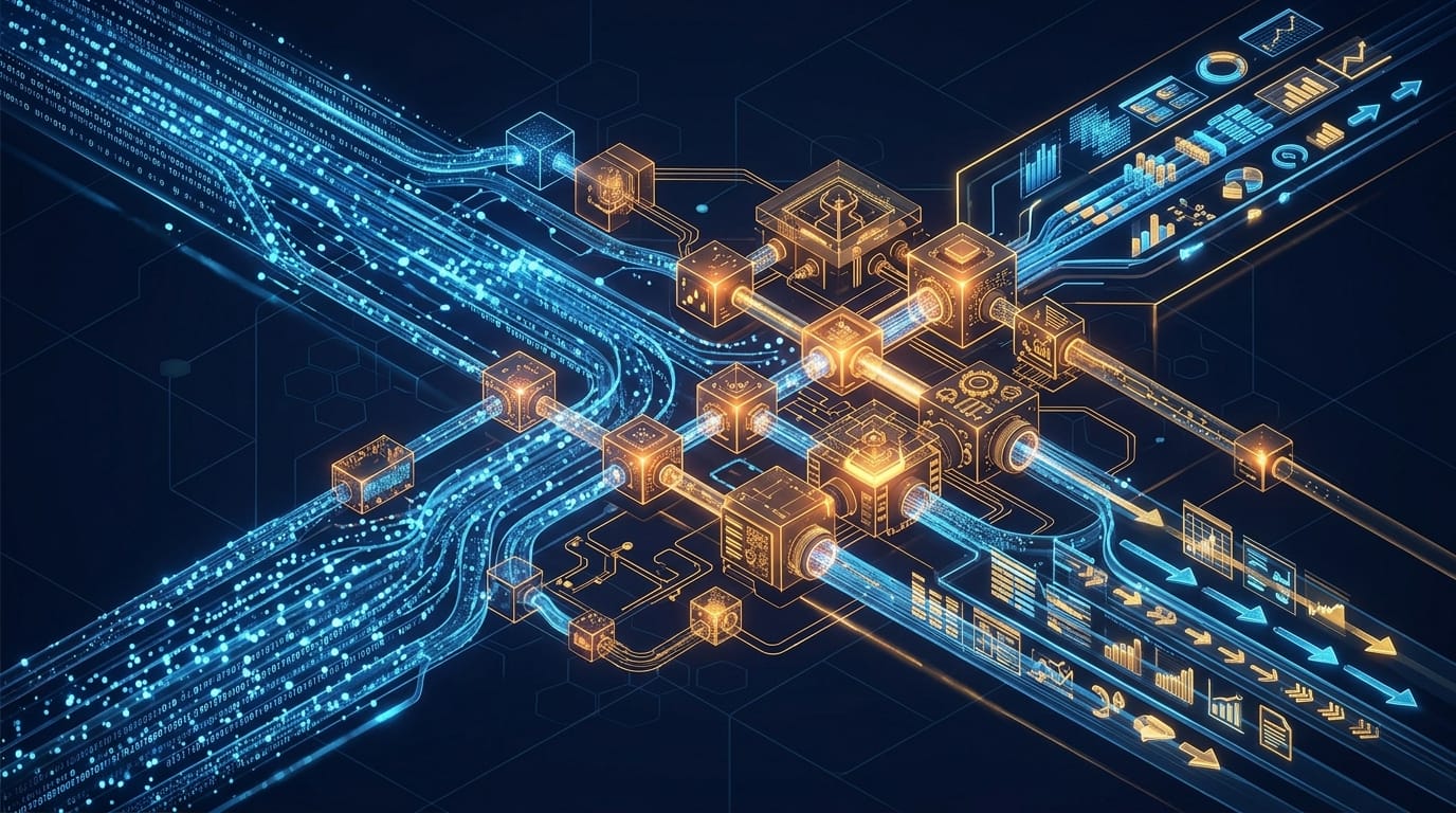 Data streams flowing through operational processing nodes transforming into actionable outputs in an isometric visualization