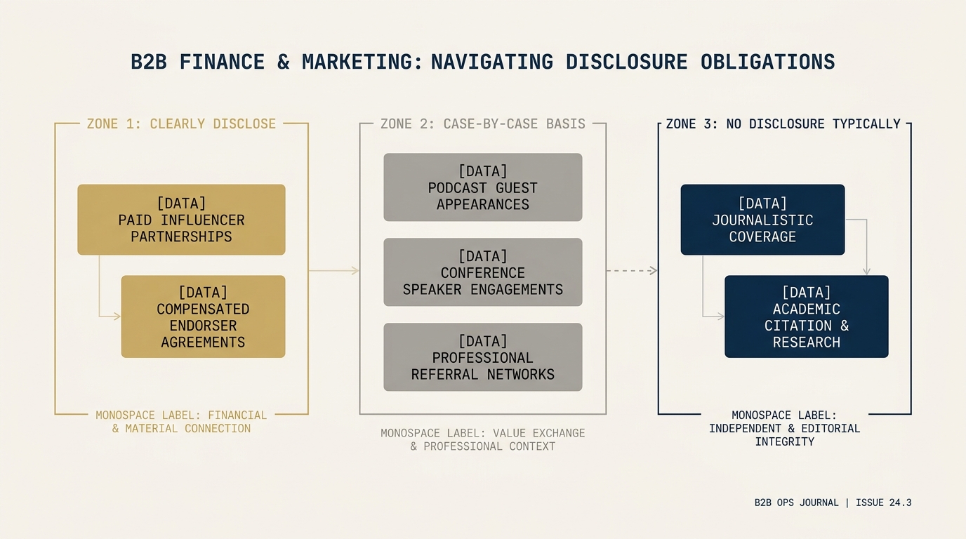 A three-zone decision diagram on a navy field. The left zone (clearly disclose) holds paid influencer and compensated endorser scenarios in gold. The center gray zone (case-by-case) holds podcast guests, conference speakers, professional referrals. The right zone (no disclosure typically) holds journalistic coverage and academic citation.
