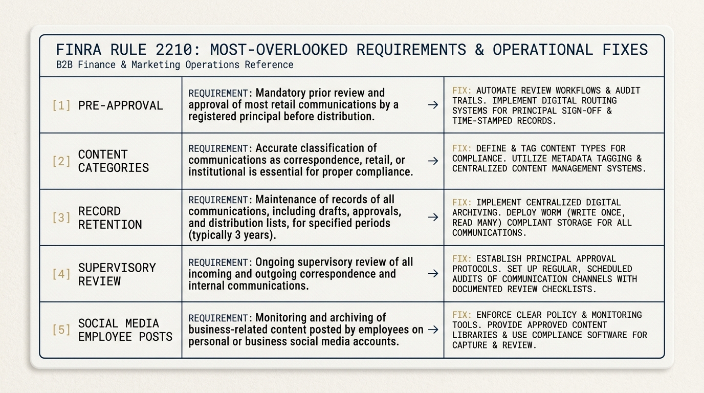 A five-row reference card on a navy field. Each row identifies one most-overlooked FINRA Rule 2210 requirement: pre-approval, content categories, record retention, supervisory review, social media employee posts. Each row has a gold operational fix note in monospace.