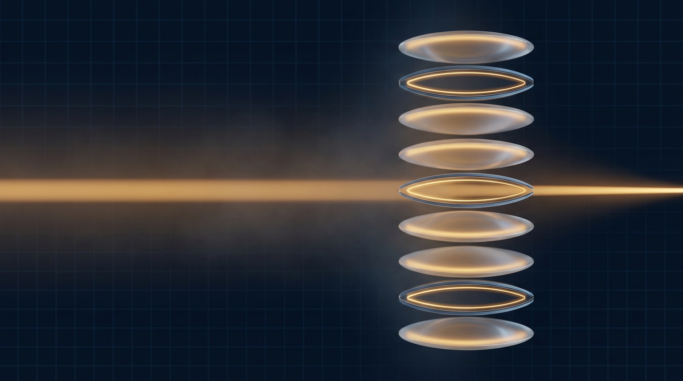 Editorial conceptual illustration on deep navy. A horizontal amber gold beam of light enters from the left edge and passes through a vertical stack of ten translucent lens shaped gates representing the DSCRI-ARGDW pipeline. Seven of the gates accept the beam cleanly with steady uniform glow, suggesting validation. Three of the gates render with sharper crisper definition and a faint cool blue accent on their perimeter, suggesting refinement rather than rejection. Subtle blue grid lattice in the background. Editorial minimalism, no text, no logos, deep navy primary, warm amber accent.