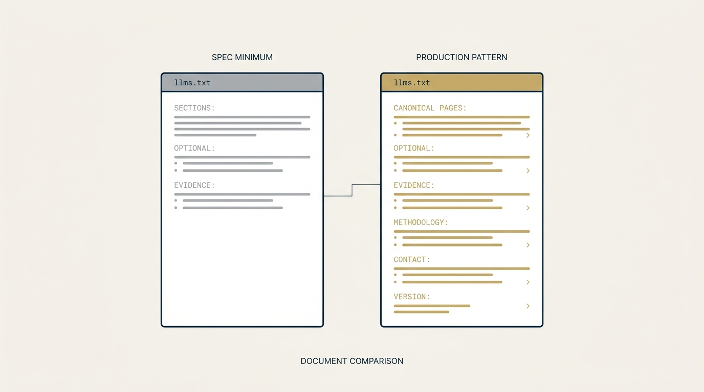 A two-document comparison on a navy field. Left document labeled spec minimum shows a short llms.txt with three sections in muted gray. Right document labeled production pattern shows an extended llms.txt with six additional sections (canonical pages, optional, evidence, methodology, contact, version) in gold. Monospace tags identify each extension.