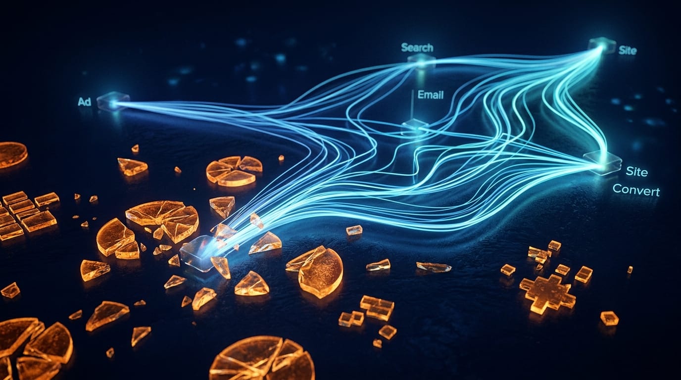 Broken cookie tracking fragments scattered on a dark surface with new probabilistic signal paths forming as light streams between touchpoints