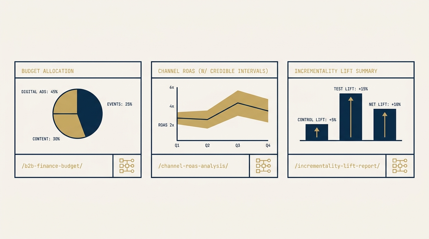 A dashboard mockup on a navy field. Three panels are shown: a budget allocation pie chart, a channel ROAS chart with shaded credible intervals, and an incrementality lift summary. Each panel has a gold monospace annotation showing a persistent URL slug and a structured data Dataset schema icon. The visual argument: dashboards are not only for analysts; they are the citation surface for AI engines.