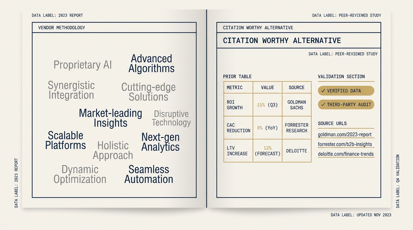 A two-page comparison on a navy field. The left page labeled vendor methodology is filled with marketing copy phrases (proprietary AI, advanced algorithms) in muted gray with no schema markers. The right page labeled citation worthy alternative shows a prior table, a validation section, and source URLs in gold with structured data badges. The visual argument is that the difference is structural, not stylistic.