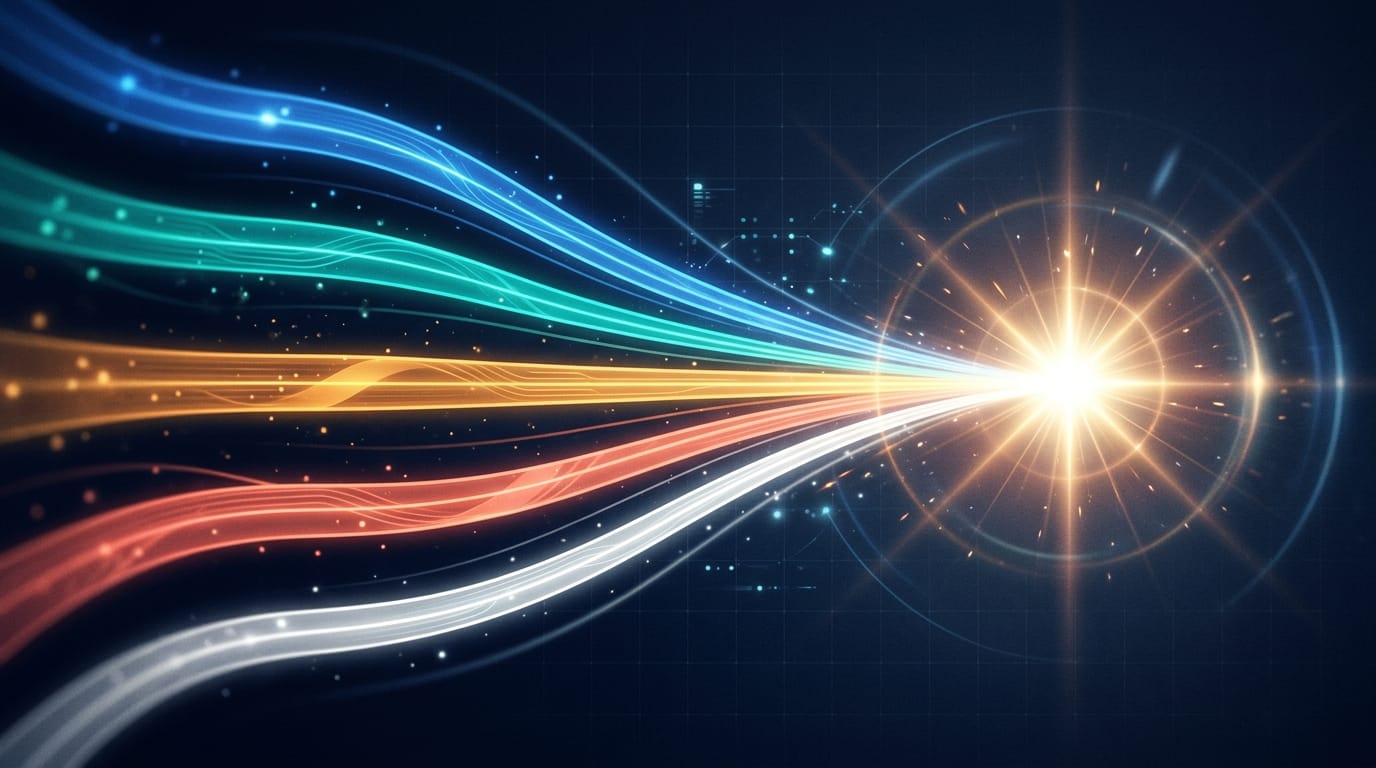 Multiple colored light streams representing marketing channels converging into a single bright focal point