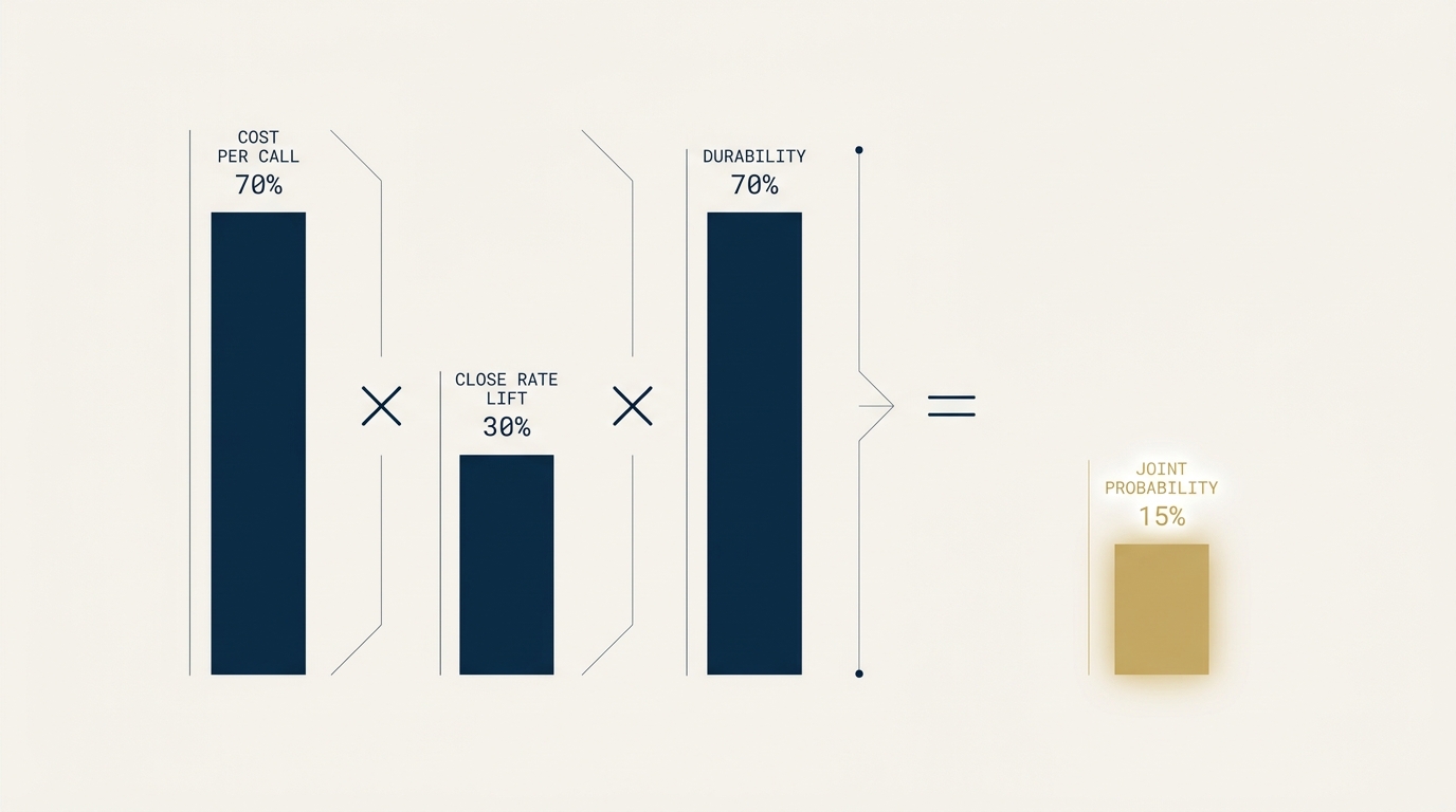 A clean editorial diagram showing three vertical probability bars rendered in navy at 70%, 30%, and 70% respectively. A multiplication operator separates them in a precise monospace label. The final bar on the right glows gold at 15%, labeled "Joint probability." The visual argument is that conditions stack multiplicatively, not additively.