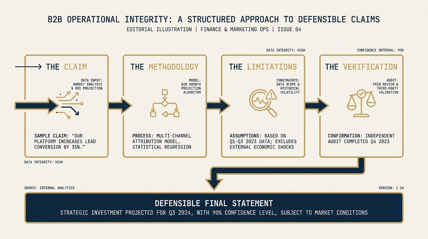 A four-element template on a navy field. Each element is a gold-bordered box labeled in monospace: the claim, the methodology, the limitations, the verification. A sample claim flows through the template producing a defensible final statement at the bottom.