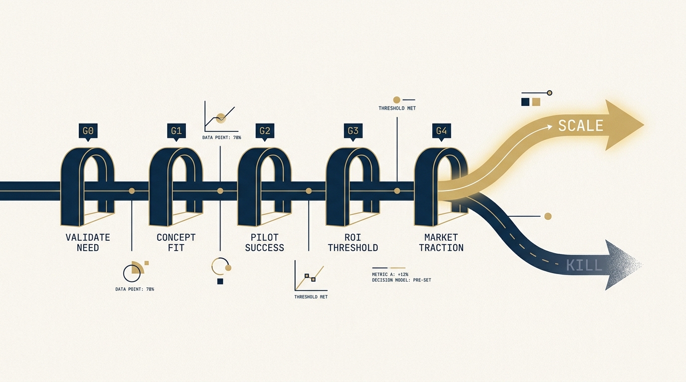A horizontal sequence of five decision gates rendered as editorial milestones along a navy timeline. Each gate displays a binary criterion in monospace label style. The final gate splits into two visual paths: a luminous gold "scale" arrow forward, or a clean fade-out "kill" path closing the test. The visual argument is that the decision shape was set before the data arrived.