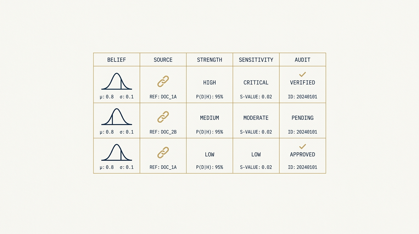 A documentation table on a navy field. Five gold-bordered columns are labeled in monospace: belief, source, strength, sensitivity, audit. Each row represents a prior, with a small Bayesian distribution curve in the belief column and a hyperlink icon in the source column. The visual argument is that priors are first-class artifacts when documented, not analyst opinion.