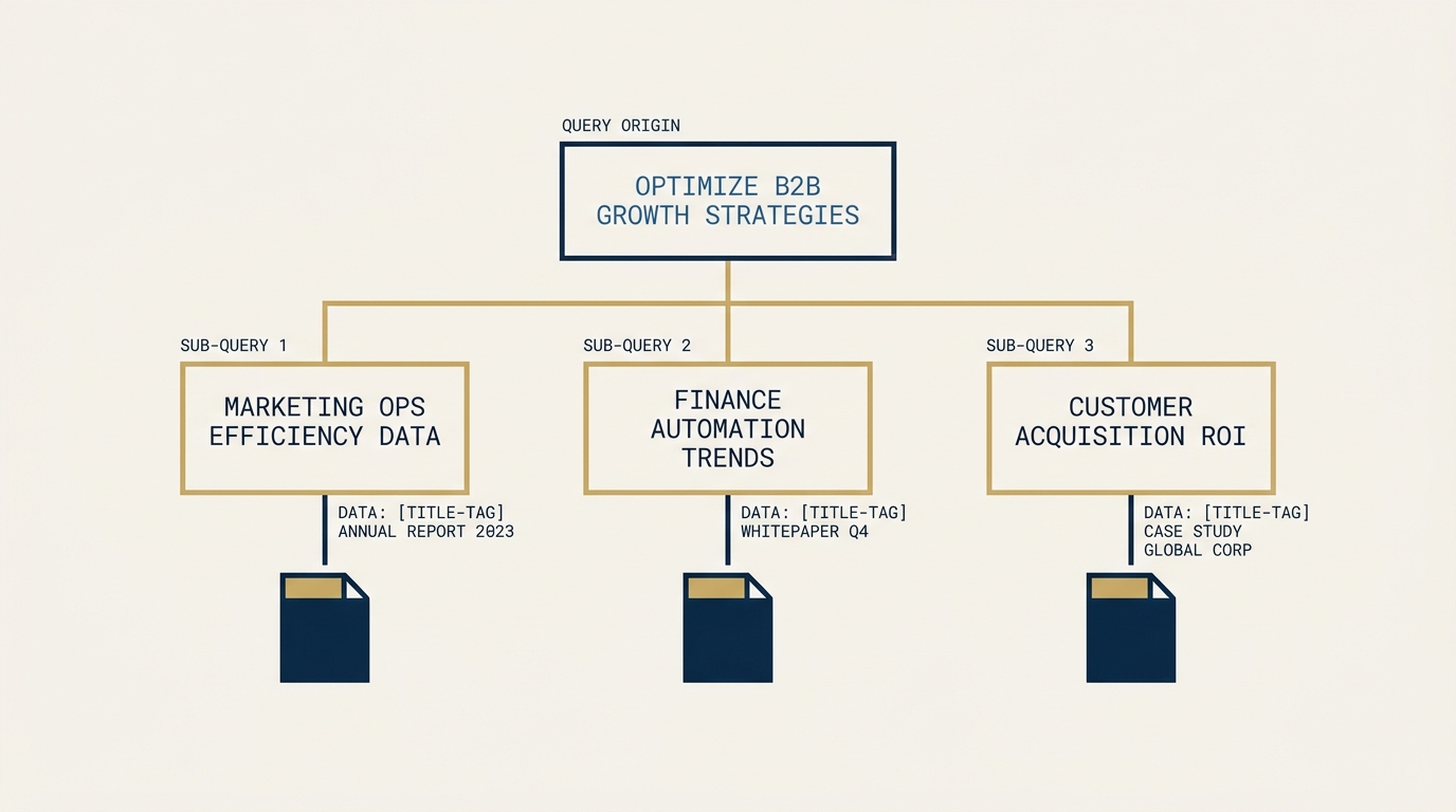 A query tree diagram on a navy field. The root node holds an ambiguous query in cool blue. Three branches fan out to sub-queries in gold. Each sub-query terminates in a page-result match with a small monospace title-tag annotation. The visual argument is that one user query becomes three retrieval queries.
