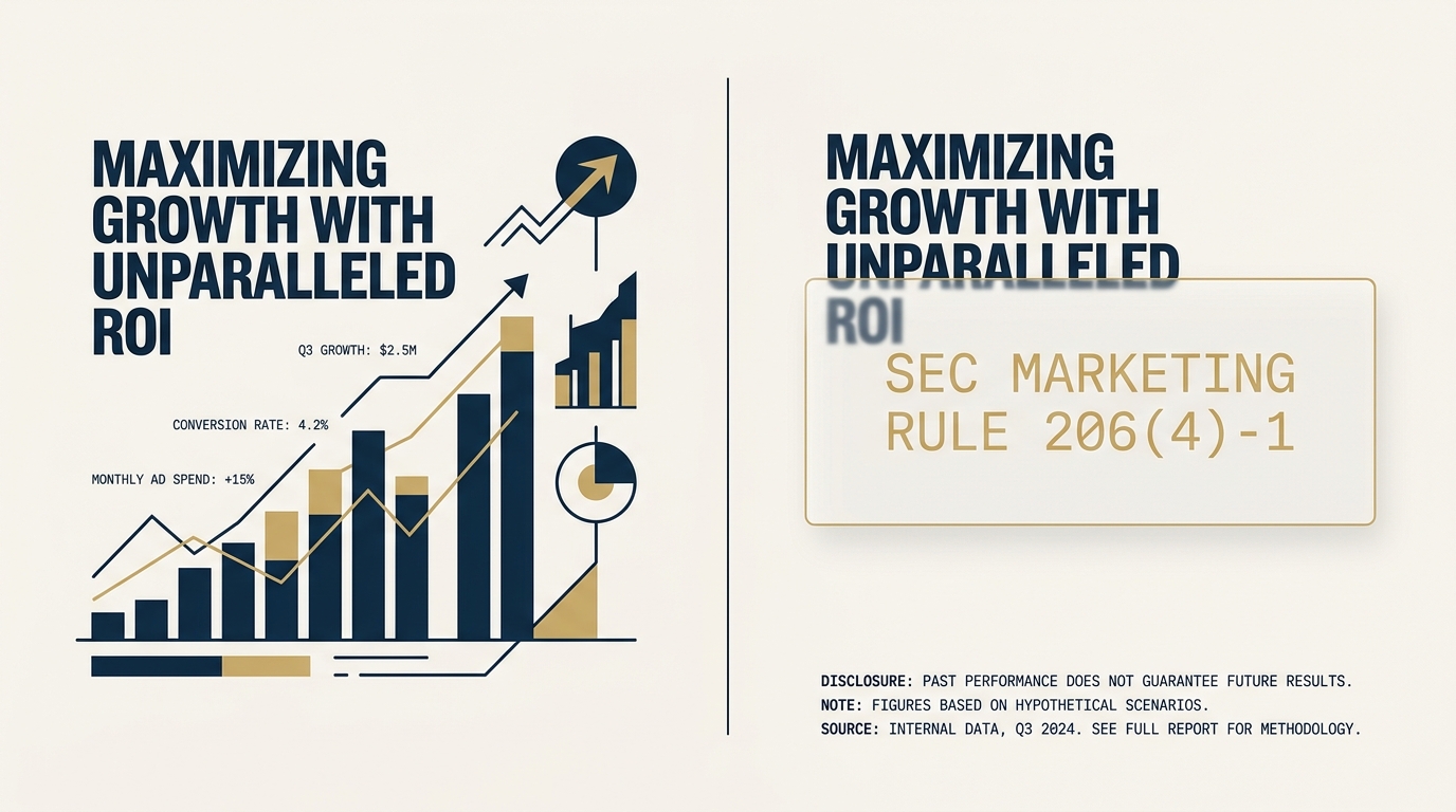 A clean editorial split composition. On the left, a stylized PPC dashboard with rising metrics and bold creative claims. On the right, the same claims rewritten under a transparent SEC Marketing Rule overlay, with proximate disclosure annotations in a precise monospace label style.