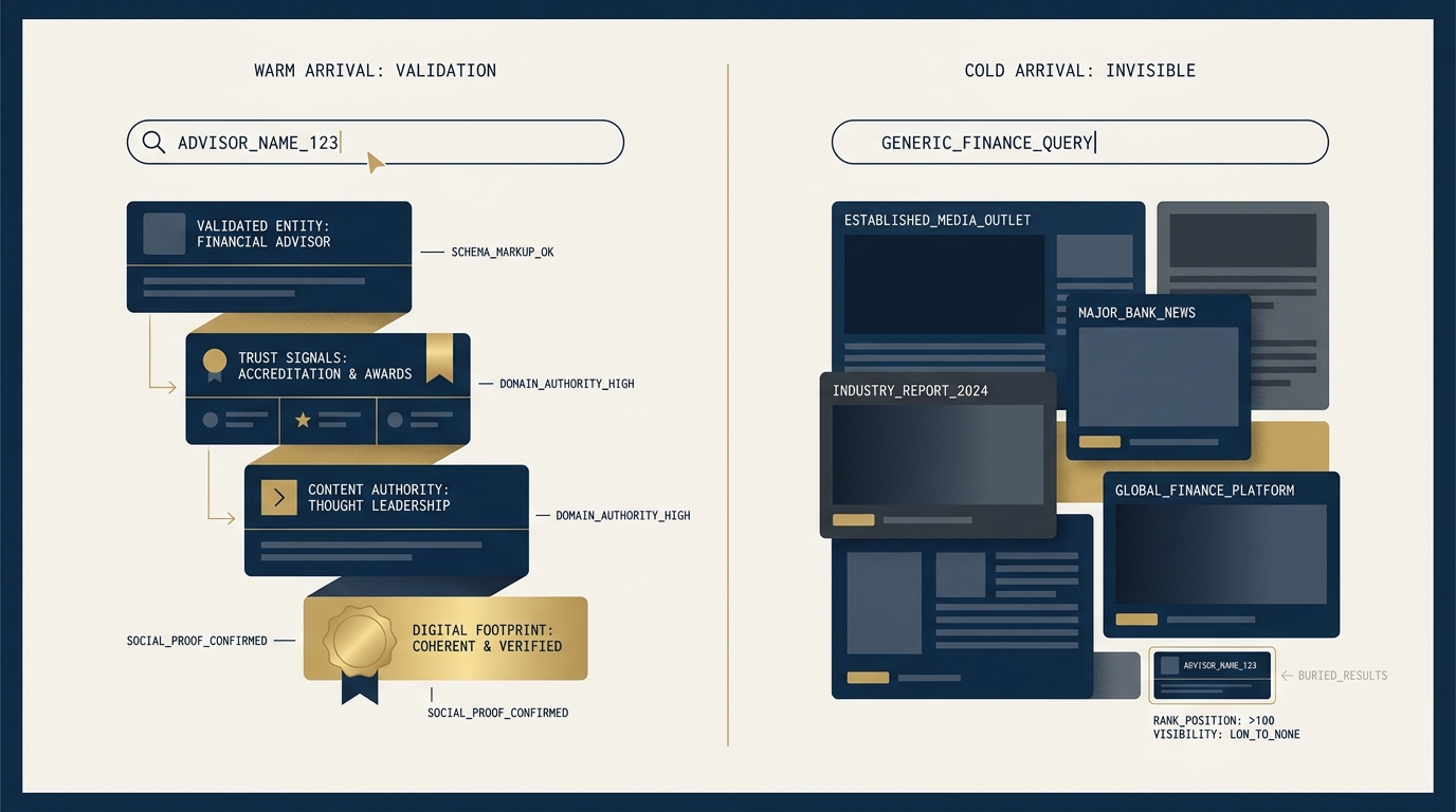 A two-panel composition divided by a thin vertical gold rule. The left panel labeled "Warm Arrival: Validation" shows a search query interface with an advisor name entered, beneath which a coherent digital footprint of navy schema cards and gold authority signals stack to reinforce the brand. The right panel labeled "Cold Arrival: Invisible" shows a cold-search SERP dominated by abstract incumbent media authority blocks with the small advisor brand barely visible at the bottom. The visual argument is that the same digital asset serves a different function for warm versus cold prospects.