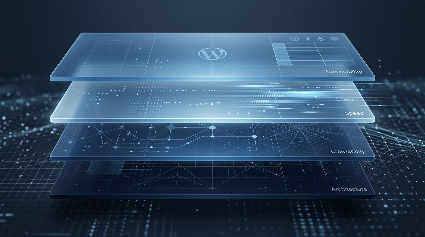 Layered translucent diagnostic panels representing web performance audit tiers from accessibility through architecture