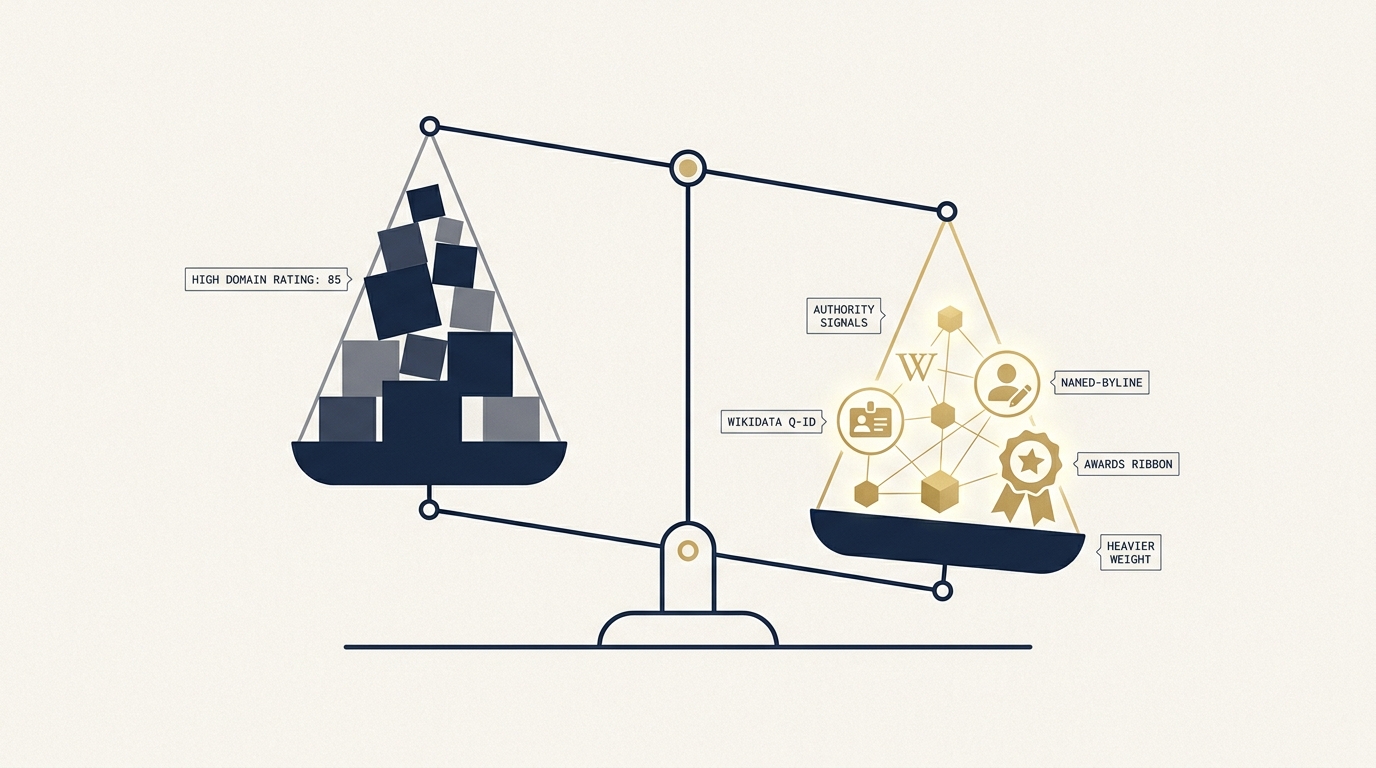 A balance scale on a navy field. The left pan holds a tall stack of gray cubes labeled with a high Domain Rating number. The right pan holds a smaller cluster of gold nodes representing entity authority signals: a Wikipedia W, a Wikidata Q-ID badge, a named-byline icon, and an awards ribbon. The right pan is tilted heavier despite holding less mass.