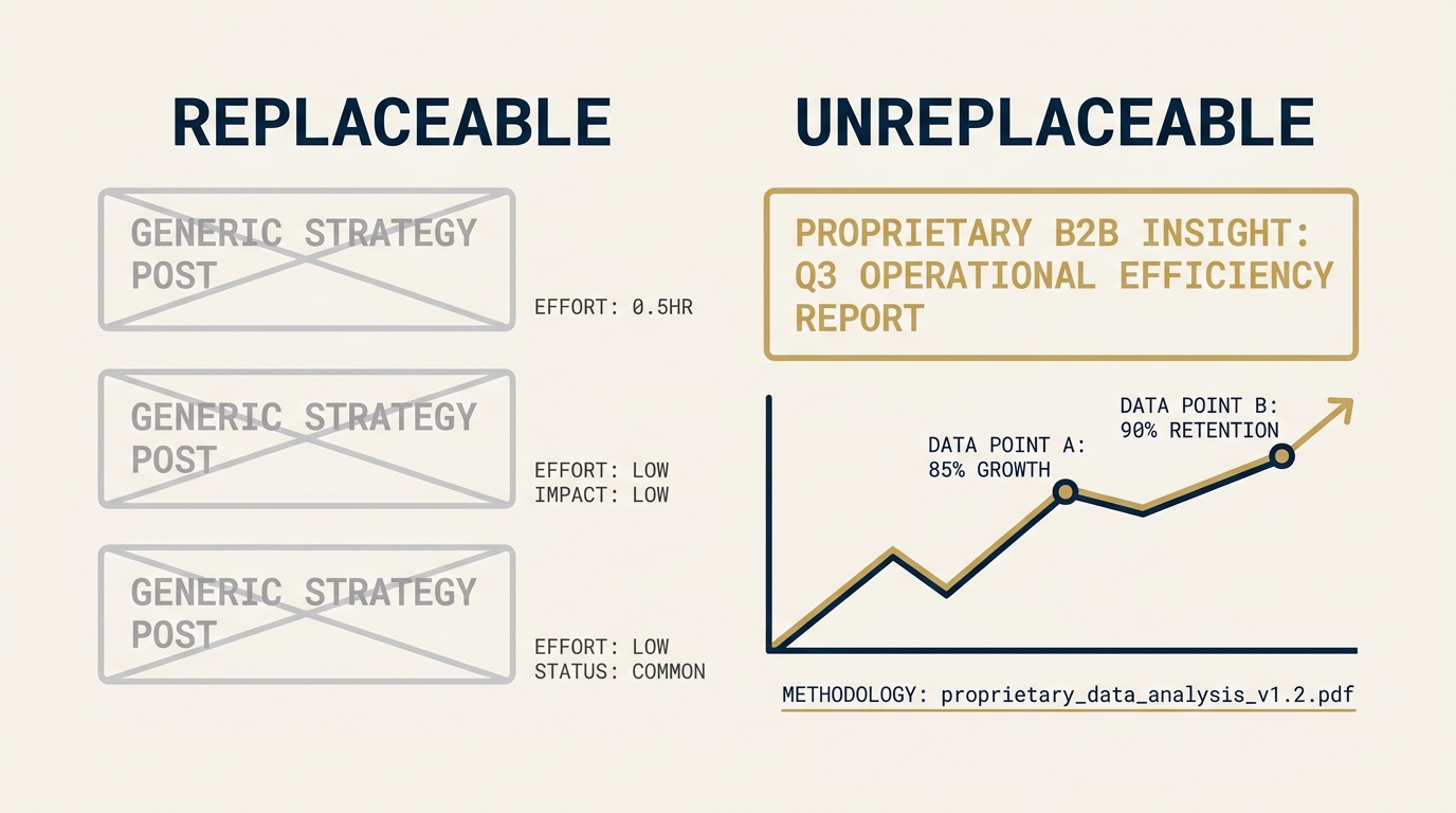 A two-column comparison on a navy field. Left column labeled replaceable shows three identical post titles (generic 10 tips style) faded in gray, with a muted x mark. Right column labeled unreplaceable shows one post title in gold with a chart of original data beneath it and a small monospace methodology link. The visual argument is that differentiation is structural, not stylistic.