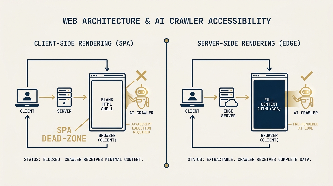 A schematic on a navy field showing two web architectures. The left is a single-page application rendered client-side, with the AI crawler labeled SPA dead-zone bouncing off a blank HTML shell. The right is a server-side rendered page at the edge, with the crawler successfully extracting full content. Monospace annotations identify each: blocked, extractable.