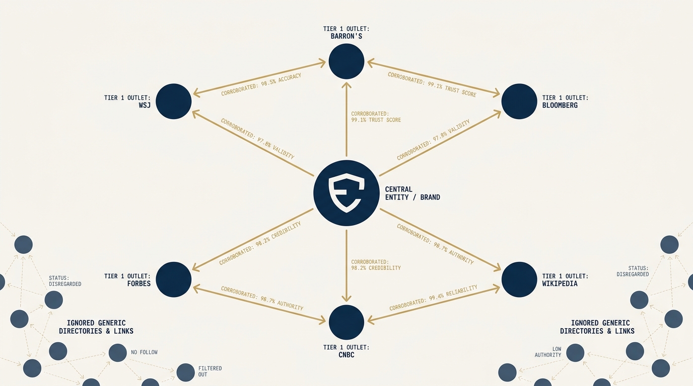 A network diagram on a navy field. At the center is an entity node labeled with a small monospace QID. Around it cluster six outer nodes representing tier 1 outlets (WSJ, Barron, Bloomberg, Forbes, CNBC, Wikipedia), each connected to the center by a gold corroboration edge. A muted secondary cluster of generic directory links sits at the periphery, marked as ignored. The visual contrast is between qualitative corroboration and raw backlink count.