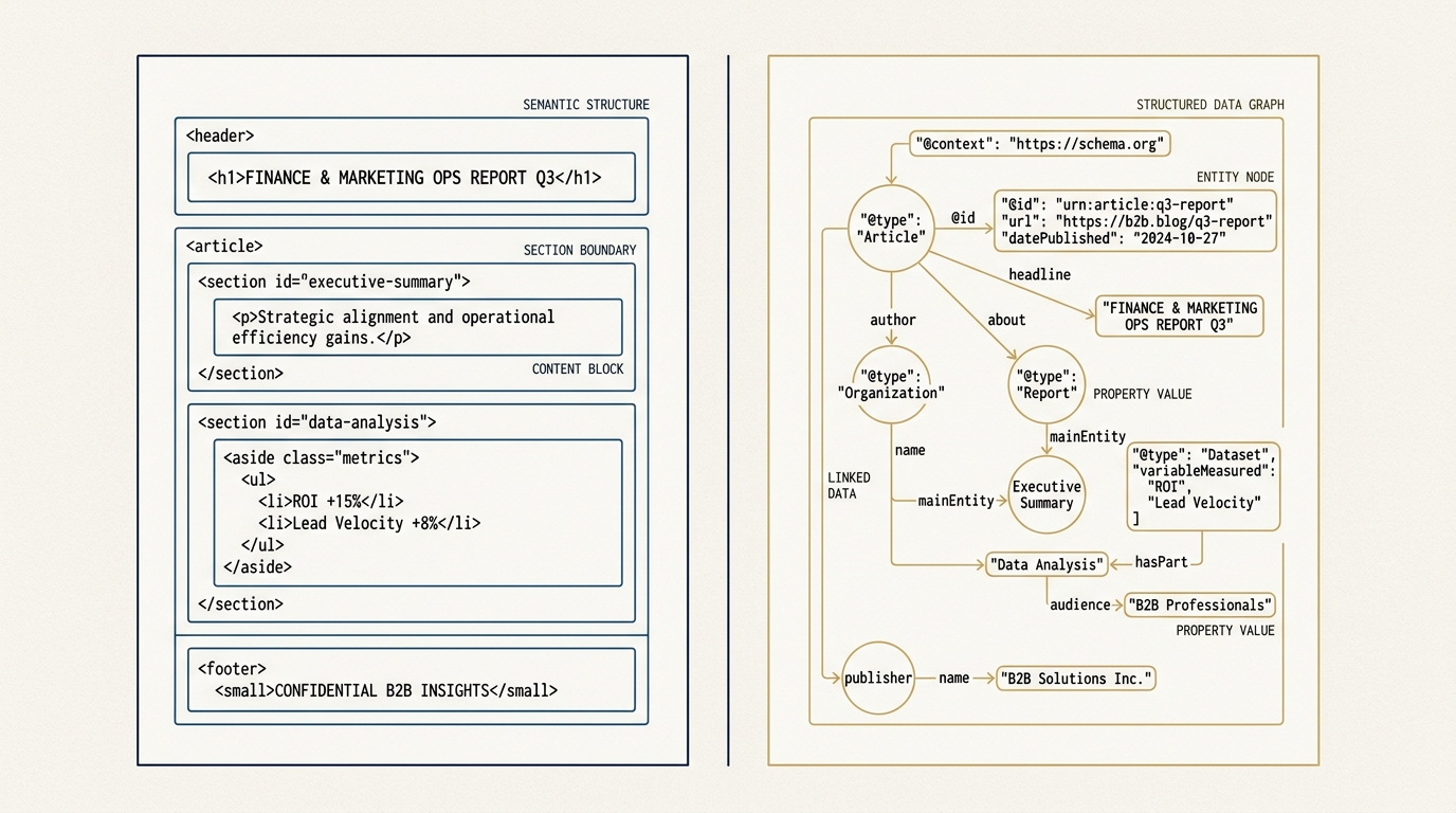 A diagram on a navy field showing two parallel page representations. The left page is rendered with HTML5 semantic tags rendered as cool blue outlines, with section boundaries visible but isolated. The right page has the same content but encoded as a JSON LD graph in gold, with linked entity nodes connected by labeled @id arrows. The contrast is clear: parseable shapes versus parseable identity.
