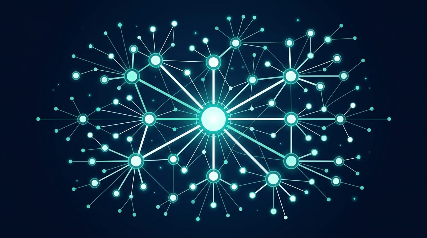 Radial constellation of interconnected content nodes with a central hub representing topic cluster architecture
