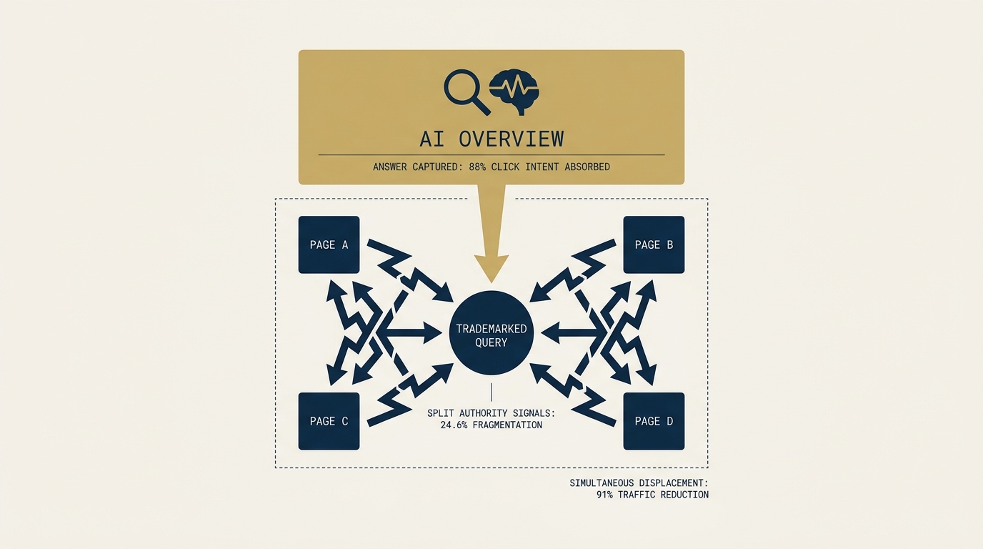 A clean editorial diagram showing four candidate URLs from the same domain competing for the same trademarked query, with split authority signals depicted as fractured navy arrows. Above them, an AI Overview panel in gold consumes the remaining click intent. The image communicates simultaneous internal competition and external displacement.