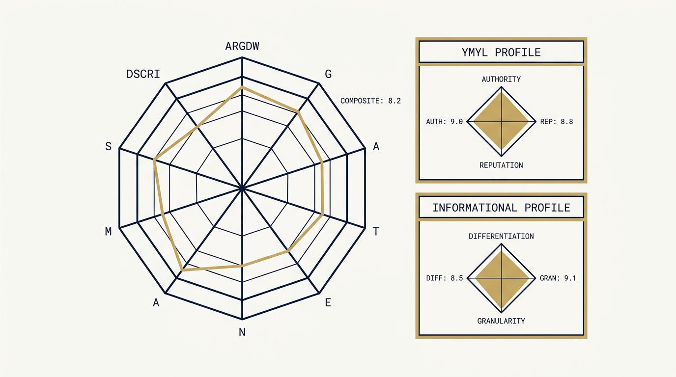A radar chart on a navy field with ten axes labeled with the canonical DSCRI ARGDW gate names. A gold polygon shows a composite score across all ten axes. Adjacent panels show two contrasting profiles: a YMYL profile heavy on Authority and Reputation, and an informational profile heavy on Differentiation and Granularity. The visual argument is that the composite shape varies by category.