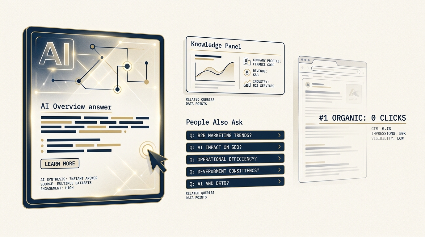 A vertical search results page rendered editorially. An AI Overview panel dominates the top third in luminous navy and gold. A knowledge panel and People Also Ask blocks fill the middle. The position one organic result sits compressed at the bottom, faintly visible. The mouse cursor hovers near the AI Overview, never reaching the organic result.