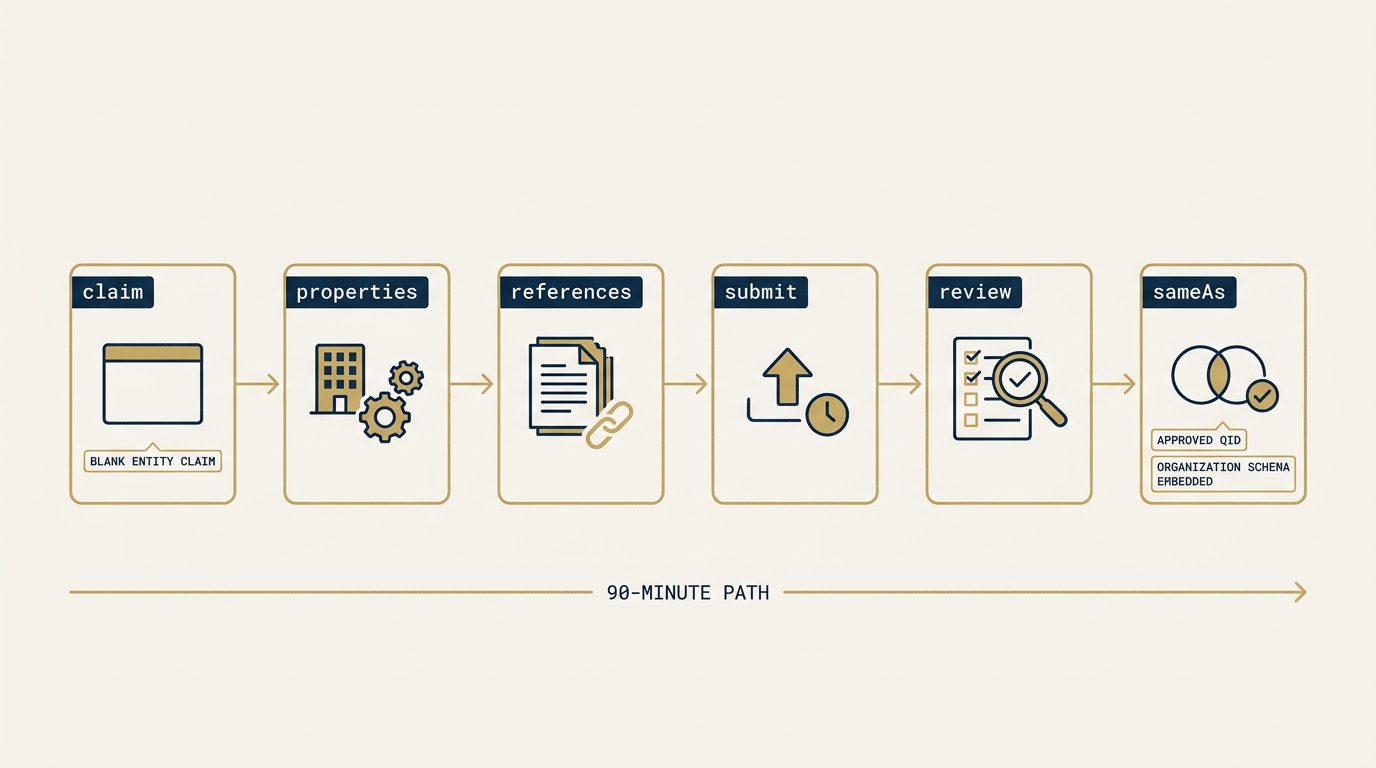 A six-step flow diagram on a navy field. Each step is a gold-bordered card labeled with a monospace tag: claim, properties, references, submit, review, sameAs. Connecting arrows trace the 90-minute path from a blank entity claim to an approved QID embedded in the Organization schema.