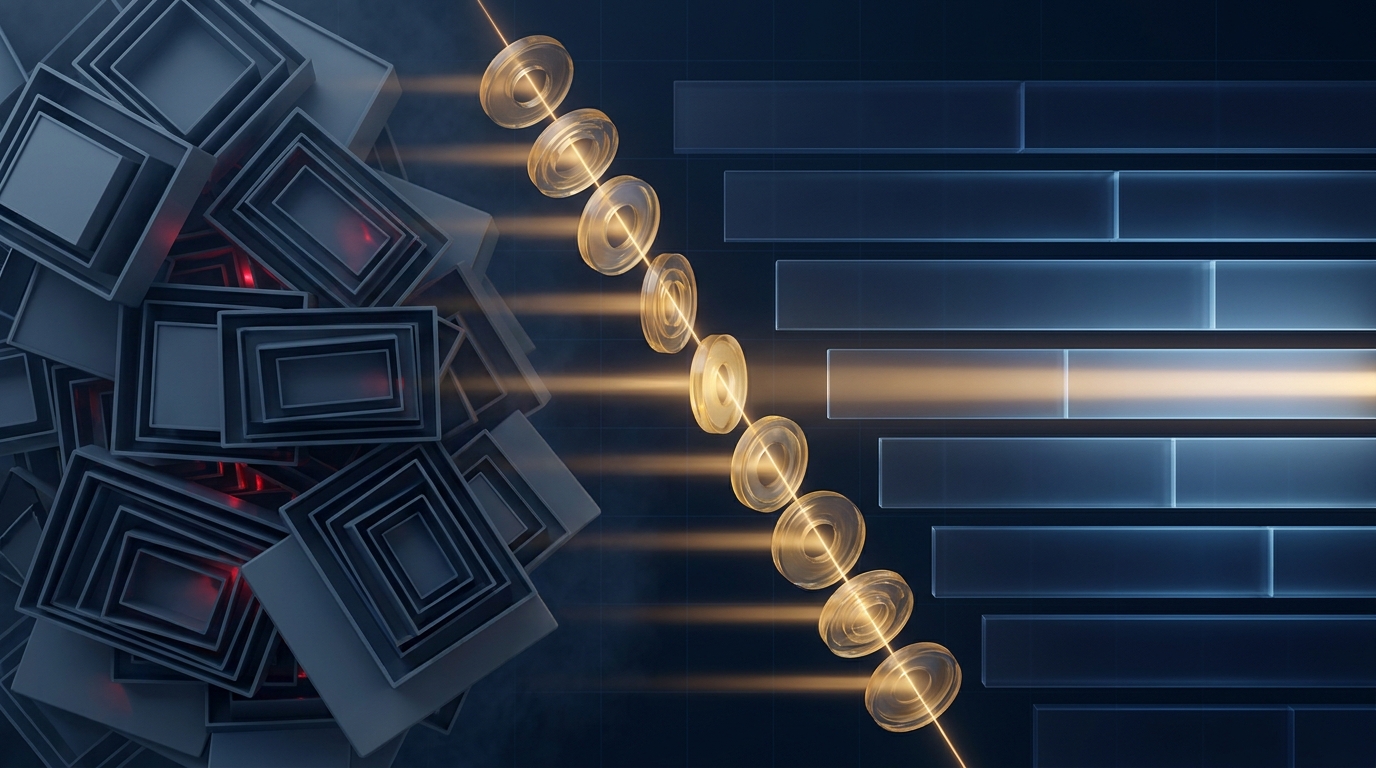Diagonal split composition with a deeply nested WordPress block-editor DOM tree on the left collapsing into a clean h2-bounded Astro component structure on the right, ten luminous gates filtering the beam between them