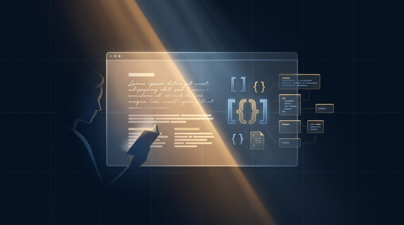 Diagonal split of a single floating webpage. On the left side of an amber beam of light, the page resolves into legible flowing text observed by a navy human silhouette reading. On the right side, the same page resolves into JSON curly braces, schema bracket symbols, and discrete extractable passage modules outlined in gold, suggesting an AI agent parsing the page as structured data. Two buyers, one page, two different grading criteria.