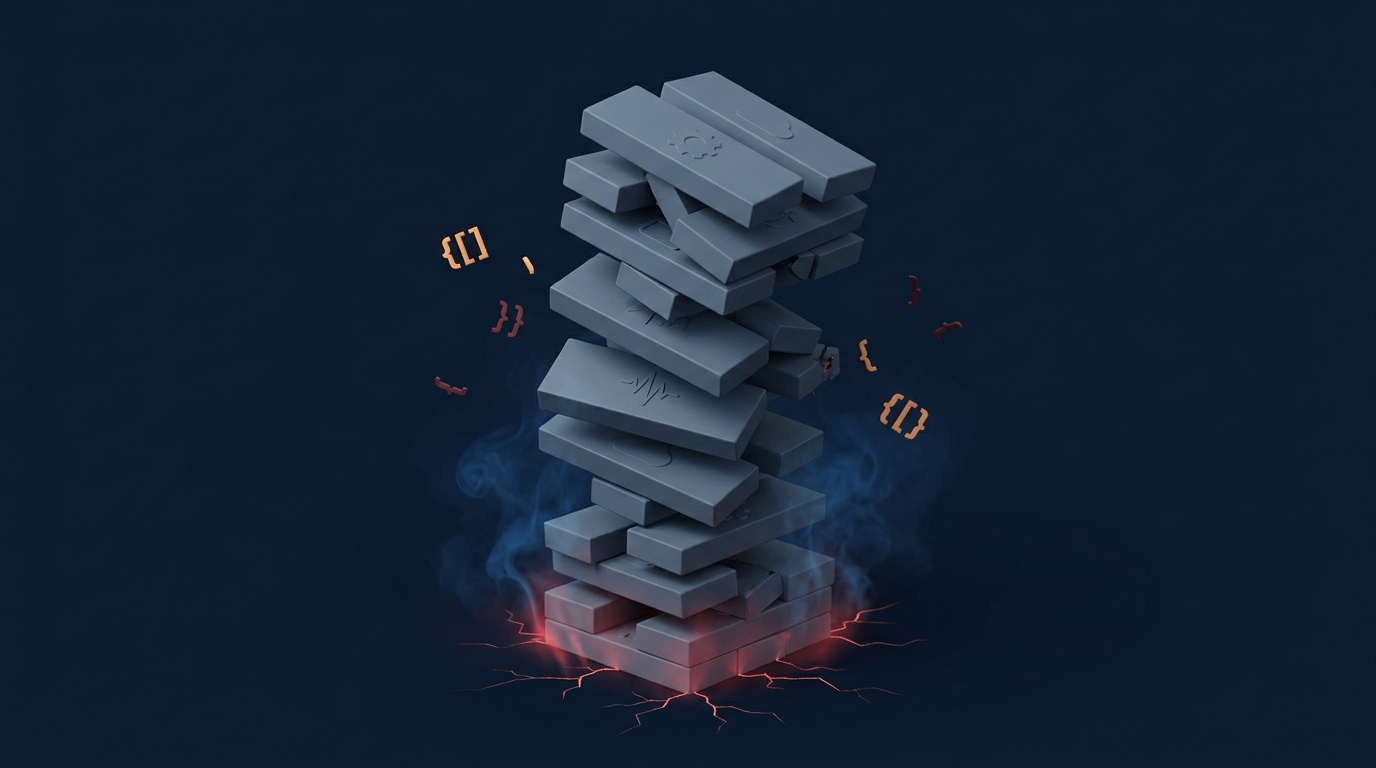 A tall tilted tower of mismatched gray plugin tiles tumbling under its own weight, with broken JSON bracket fragments in amber and red colliding mid-air around the stack, fine red cracks at the base, blue smoke rising from the strain. Each plugin added makes the structure less stable, not more.