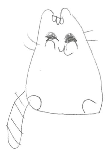 A child's pencil drawing of a chubby cat