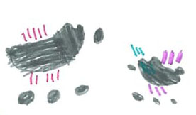 A child's drawing of baby chicks with bright pink and blue markings